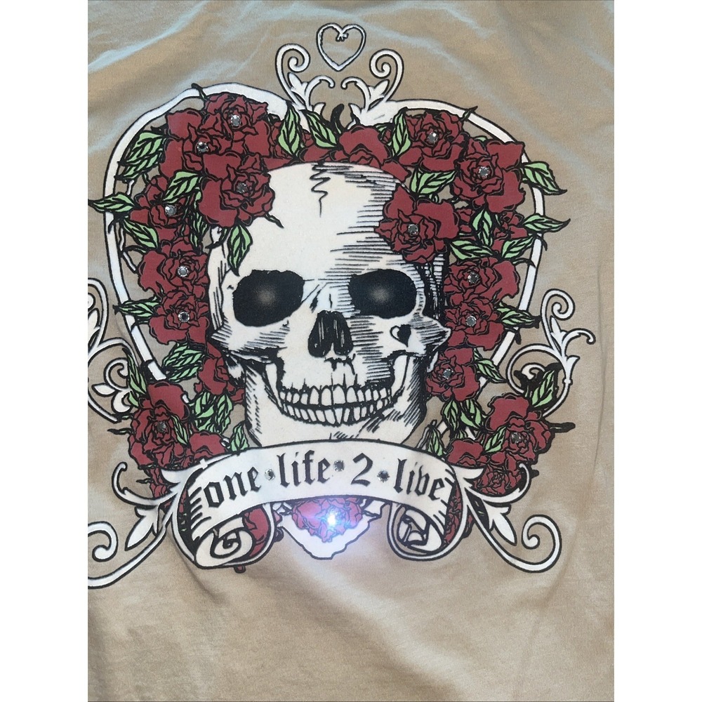 One Life 2 Live Shirt Size Small Tan Long Sleeve Made In USA Y2K Skull - Picture 6 of 7